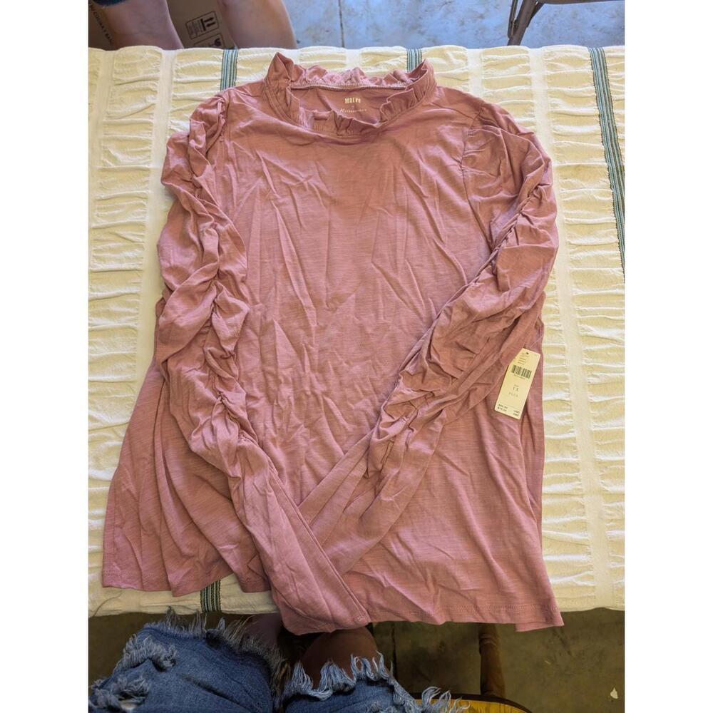 Anthropologie A+ Maeve Pink Ruched Sleeve Tee Shirt Long Sleeve Women's Plus 1X